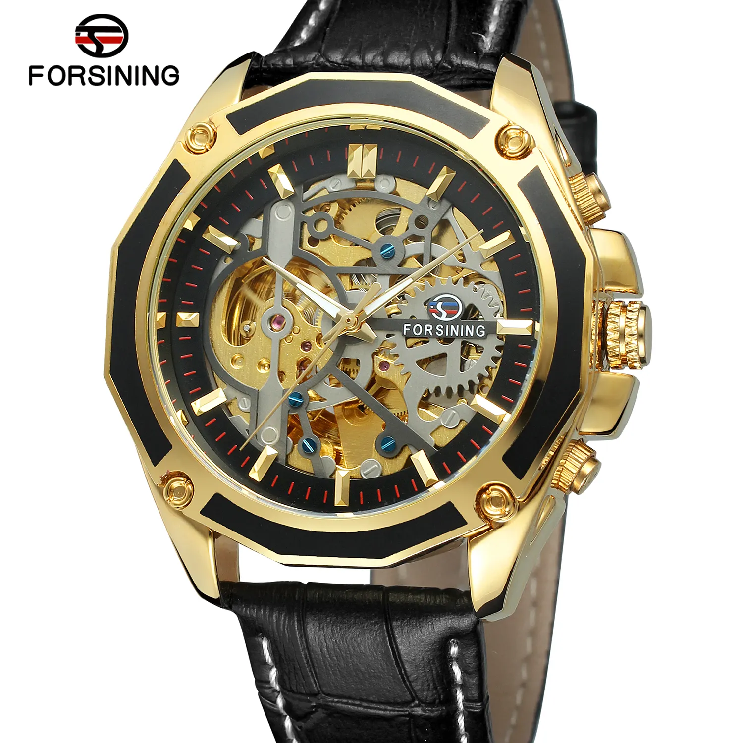 FSG8130 new design golden gents mechanical watch creative steel band water resistant automatic scrolling giant watch set