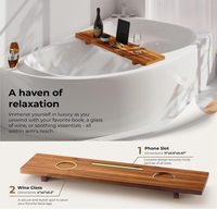 Grand plateau de bain en bois d'acacia avec porte-téléphone, porte-tablette et porte-boissons, avec supports pour accessoires, compatible avec la plupart des baignoires