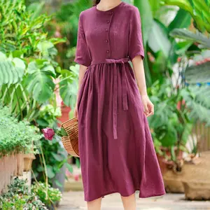 Повседневное винтажное летнее женское платье-карандаш на заказ из 100% льна, длинная юбка, халат с коротким рукавом и поясом