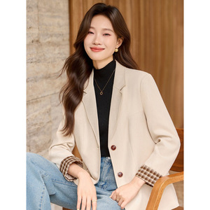 Retro Patchwork Suede Blazer For Women Coffee Color Autumn Winter Workwear Top Solid Pattern Buttons Design - Product Image 2
