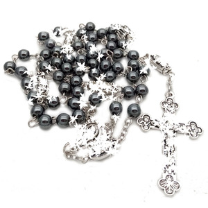 Collier chapelet en pierres précieuses noires 6mm rondes, pendentif croix non magnétique, chaîne de pull unisexe en alliage argenté tibétain, cadeau bijoux - Product Image 4