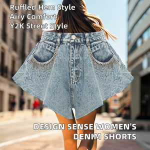 Saleh Enterprises Women Vintage <b>Stretch</b> <b>Denim</b> Shorts Mid Waist Distressed Ripped Flare Legs Casual Summer Beach Wear - Product Image 2