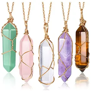 Silk wound hexagonal pillar natural stone pendant crystal agate bullet head Pendant Necklace