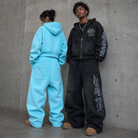 Ensemble de survêtement 100% coton lavé personnalisé sweats à capuche avec fermeture éclair pantalon de survêtement évasé imprimé de détresse lavage à l'acide survêtement respirant pour hommes
