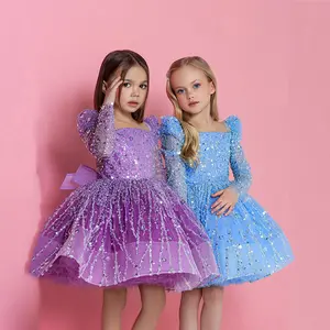 Girls' Party Dress Fancy Solid Beaded Lace dress Bow Long sleeve Short dress girl's clothing