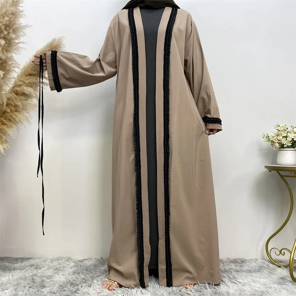 Mới Nhất Đơn Giản Phong Cách Cardigan Hồi Giáo Kimono Dresses Ren Màu Đen Cạnh Abaya Thiết Kế Trong Phụ Nữ Ngọc Trai Hồi Giáo Quần Áo