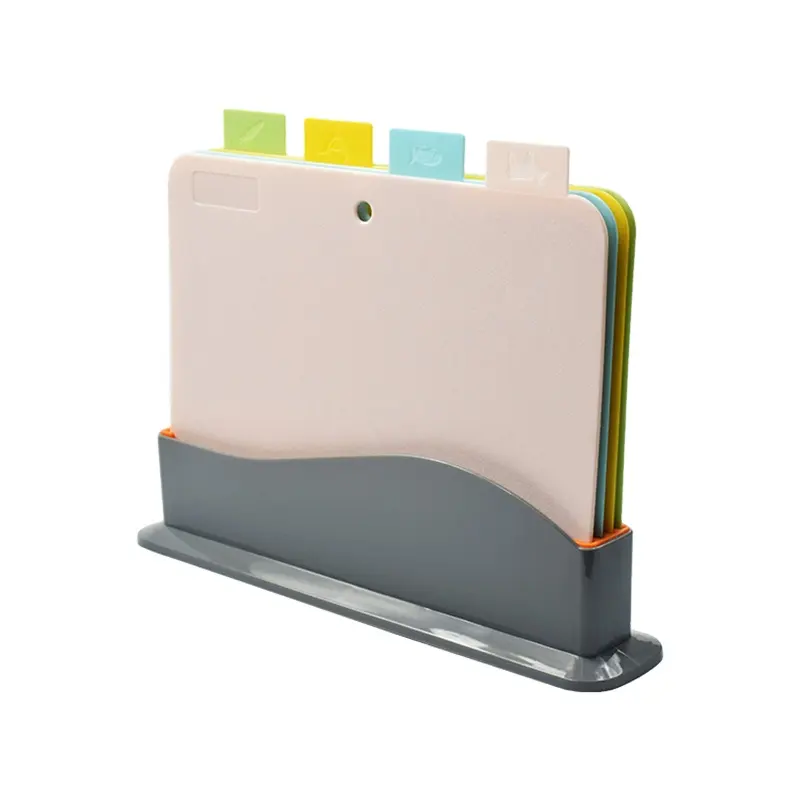 Utensílios de cozinha, novo design colorido índice de cor utensílios de cozinha cortador de placa de corte conjunto 4 peças de placa de corte de plástico com bandeja