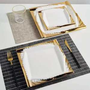 Ensemble d'assiettes carrées <span class=keywords><strong>de</strong></span> luxe en céramique dorée, <span class=keywords><strong>vaisselle</strong></span> en porcelaine - Product Image 1