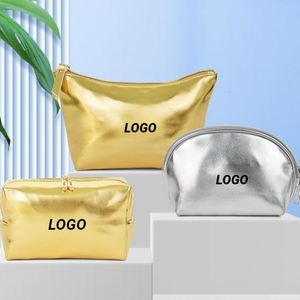 Sac de maquillage en cuir PU or et argent de luxe, avec organisateur de cosmétiques élégant et pratique, imperméable, pour les voyages et l'usage quotidien - Product Image 1