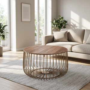 AK Brass Standard Metal Coffee <b>Table</b> <b>Gold</b> Finished With Top <b>Round</b> Wood Luxury Design For Living Room Furniture / Cafe Furniture - Product Image 1