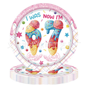 Articles de fête sur le thème de la crème glacée pour enfants de 6 à 7 ans, vaisselle jetable, assiettes, serviettes, couverts, décorations de fête d'anniversaire - Product Image 3