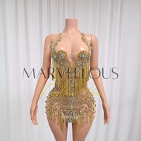Vestido de poliéster sexy mini sin mangas con cuello alto, cintura imperio, transpirable, con pedrería y borlas, ideal para cumpleaños o discoteca.