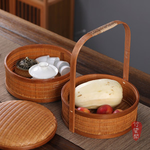 Handmade Double Layer <b>Bamboo</b> <b>Basket</b> With Lid Round Food Container For Kitchen Storage - Product Image 4