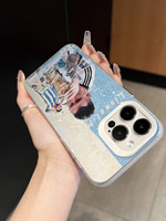 Coque d'iPhone avec impression artistique de star de football bleu et blanc, coque anti-chute en aquarelle pour les fans, coque de téléphone personnalisée pour iPhone 15 Pro Max