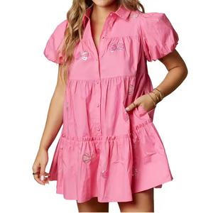 Nouvelle Arrivée Robe Courte Ample Plage Coupe A-Line Élégante Décontractée Vintage Coton Boutons Sexy Femme Tricotée - Product Image 1