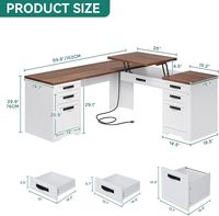 Bureau d'angle vintage blanc et noyer en forme de L avec tiroir à dossiers A4 et plateau relevable, bureau d'ordinateur d'angle robuste avec multiprise intégrée pour la maison.