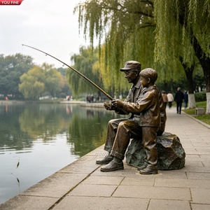 Statue YOUFINE personnalisée en bronze grand-père apprenant son petit-fils à pêcher, sculpture commémorative maritime pour jardin - Product Image 6