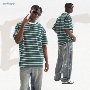 Camiseta vintage a rayas con logotipo personalizado de lujo 280gsm de algodón pesado de gran tamaño con diseño estampado para hombre - Product Image 4