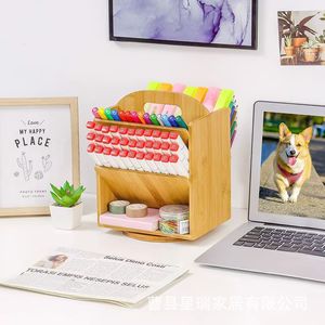 Portalápices giratorio de bambú, organizador de escritorio de 2 niveles, caja de almacenamiento de papelería multiusos de color madera Natural para uso en oficina y estudiantes - Product Image 4