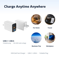 Chargeur GaN 65W avec prise UK, 2 ports USB-A et USB-C, adaptateur mural à charge rapide avec affichage numérique LED de la puissance pour téléphone, tablette, ordinateur portable