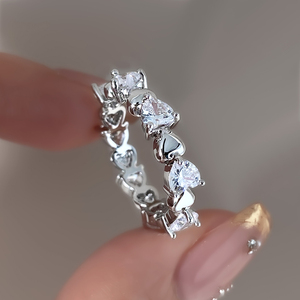 Heart Shape Cubic Zirconia Eternity Band <b>Ring</b> Rhodium Plated Copper Women's Engagement Glam Style - Product Image 1