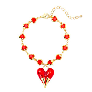 Bracelet et collier en cuivre plaqué rouge en forme de cœur, ensemble tendance pour femmes avec une chaîne de collier en forme de cœur charmante et élégante - Product Image 4