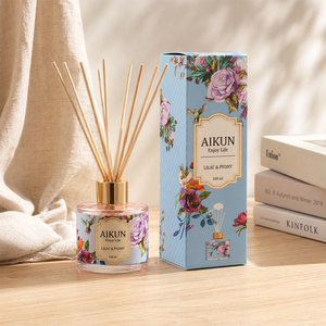 Aikun 3D Sample 7D Ship Round Glass 100ml Private Label Blue Floral Box Any Scent Long Lasting Reed Diffuser Gift Set for Home - Product Image 1