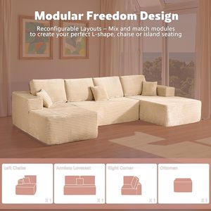 Divano Sezionale Modulare Rettangolare Moderno Cloud da 134 Pollici con Chaise Longue Profonda in Velluto a Coste Beige, Nessun Montaggio Richiesto, per Soggiorno - Product Image 5