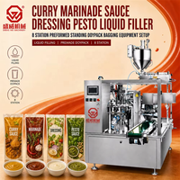 Appareil de remplissage liquide 8 stations pour sauces, marinades, pesto et liquides, avec ensacheuse Doypack préformée sur pied