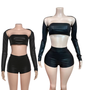 Viviblook Z302ST01 Ensemble décontracté pour femmes Nouveau gilet à manches longues pour femmes Couleur unie Sexy sans bretelles Short ajusté Ensemble 3 pièces - Product Image 1