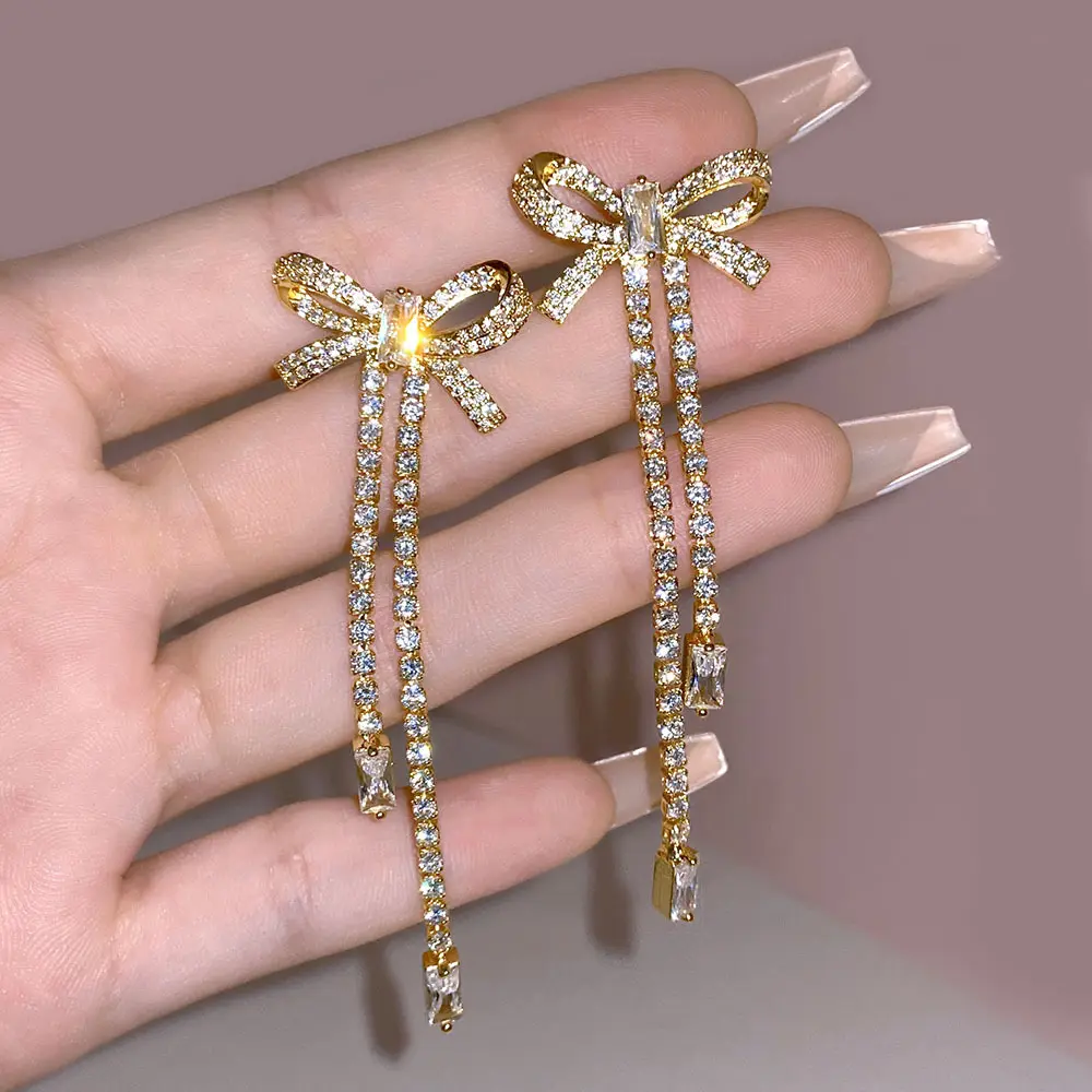 Fashion Jewelry New Arrival 18K Real Gold Plated Exquisite Zircon Bow Charm Earrings For Women