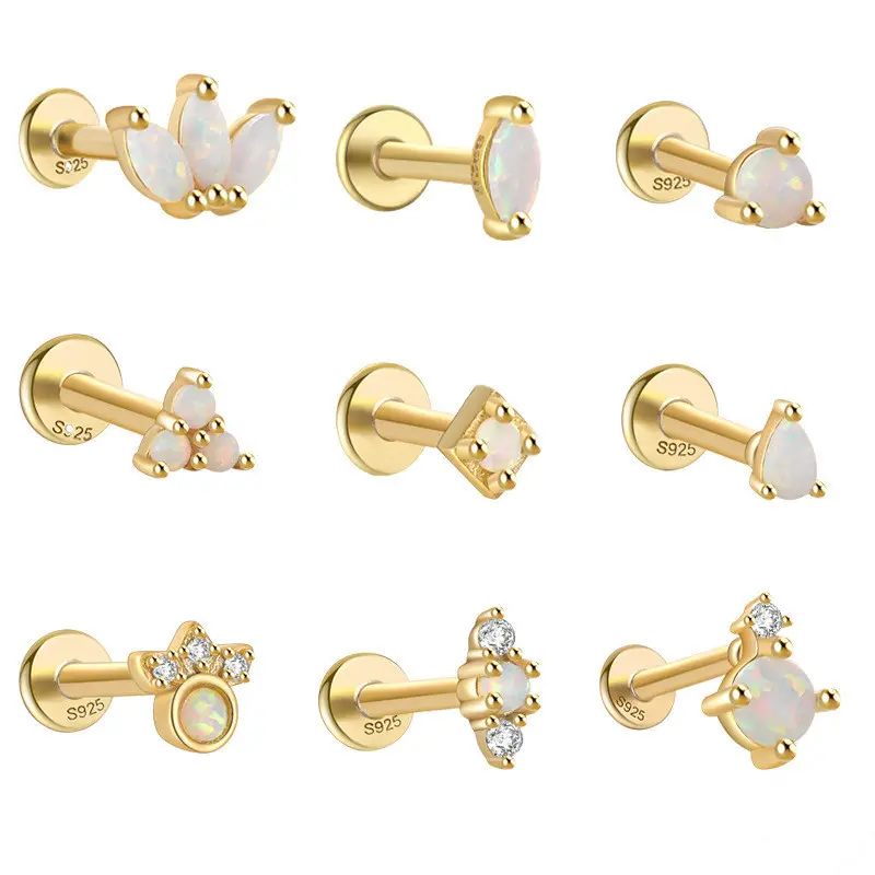 Sterling Silver 925 Gold Plated Opal Zircon Stone Flat Head Piercing Threaded Ear Stud Earrings