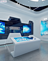 Comptoir d'accueil incurvé LED sur mesure, écologique et robuste, table d'exposition technologique futuriste pour salle d'exposition d'entreprise