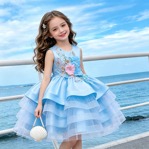 Robe de mariée pour enfants, style princesse, ligne A, jupe tutu multicouche en maille, col rond, fibre de polyester, bleu, rose, jaune, violet, pastèque - Product Image 1
