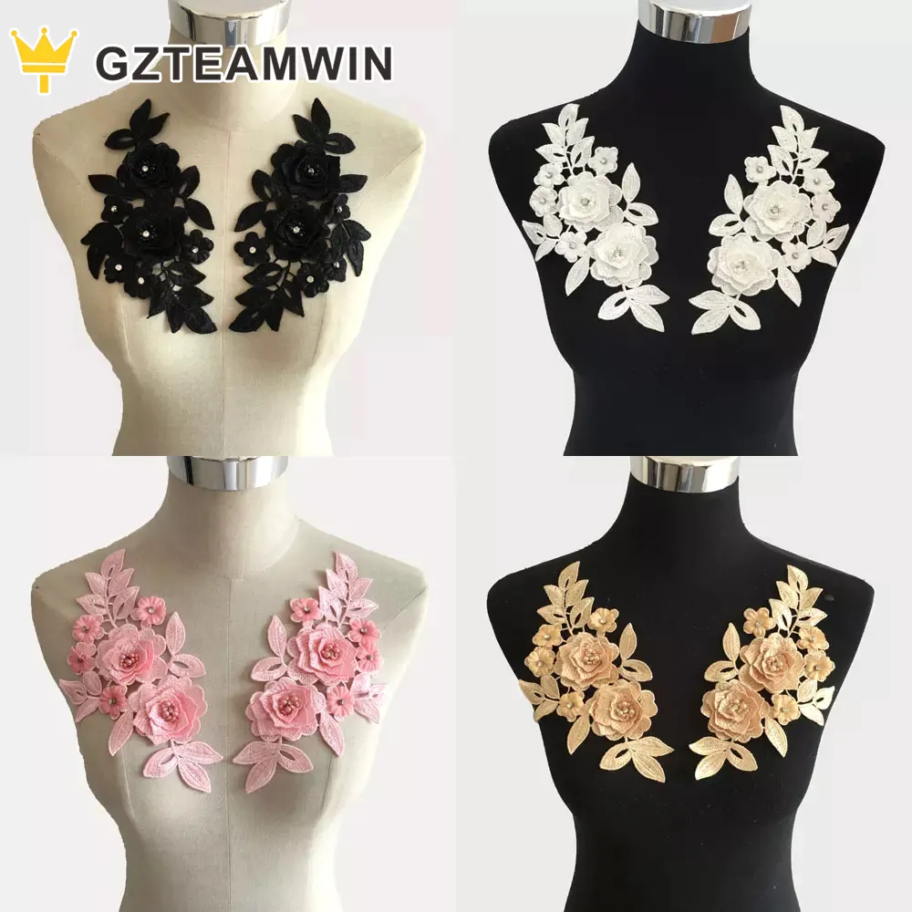 Floral 3D Applique Peal Rhinestone Garment Accessories Polyester Water Soluble Materials Embroidery Lace Trim Bead Lace Fabric