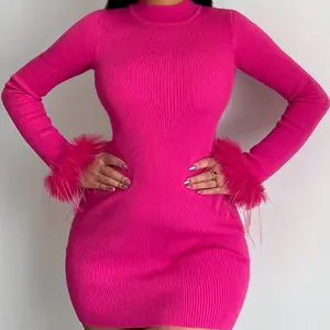 Uzun kollu tüy katı ince seksi Mini kadin elbiseler moda parti kulübü abiye