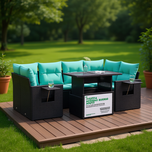 Poly Rattan Acacia Patio Sofa Set With <b>Cushions</b> Garden Furniture Outdoor Seating 6 <b>Person</b> Contemporary Design - Product Image 2