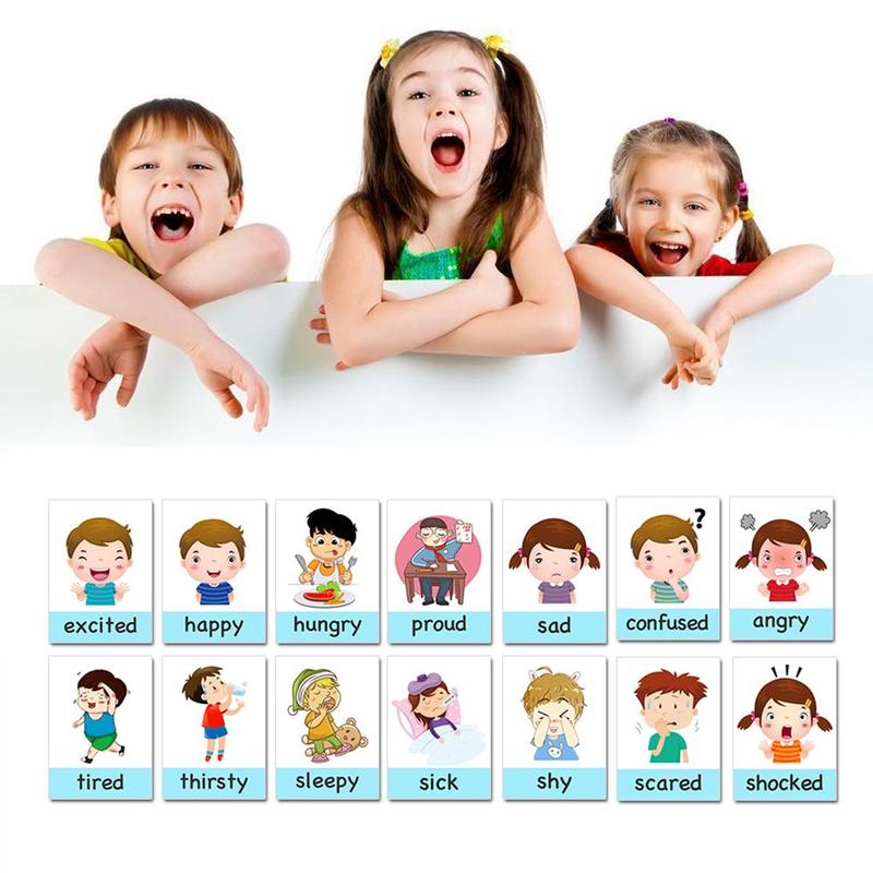 14 pieces Kids Cartoon English Learning Cards Children Early Game Card Educational Baby Toys Emotion