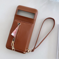 Étui portefeuille à fermeture éclair en cuir PU avec miroir pour iPhone 15, coque arrière pour téléphone portable, étui à rabat pour Samsung S24 Ultra S23, avec dragonne pour Google 8 Pro