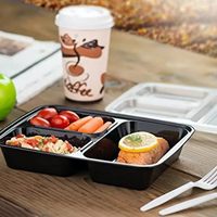 Boîtes Bento jetables noires multi-compartiments, contenants alimentaires écologiques et biodégradables, idéales pour l'emballage alimentaire commercial