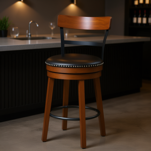 Tabouret de bar 25,5 pouces, structure en bois, assise en cuir rembourrée, pivotant, mobilier contemporain moderne, usage commercial, hôtel - Product Image 2