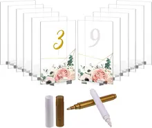12 Pack Acrylic Clear Wedding Sign Holder with Stands Blank Table Number Display Holder with White and Gold Marking Pen