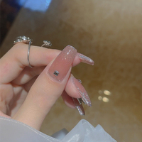 Oferta Especial: 24 Uñas Postizas Cuadradas con Punta Francesa Color Nude, Diseño 3D con Lazo y Diamantes de Imitación, Reutilizables, de ABS, con Pegamento para Mujer