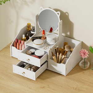Cat Ear Makeup <b>Mirror</b> With Drawer Wooden Storage <b>Box</b> For Desktop Cosmetic Organizer Modern Style - Product Image 1