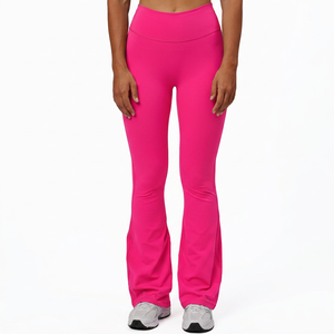 High Waist <b>Flared</b> Leg Yoga Pants Solid Green Spandex Nylon Full Length Seamless Elastic Waist Workout <b>Leggings</b> for Women - Product Image 3