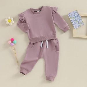Set di vestiti per neonata, <span class=keywords><strong>felpa</strong></span> con maniche arricciate + pantaloni, 2 pezzi, completo in morbido cotone per abbigliamento casual per neonati - Product Image 2