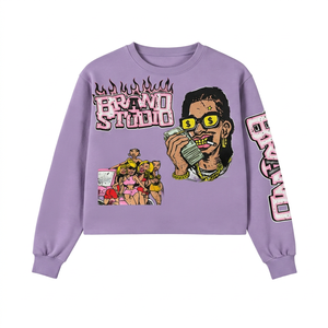 Purple <b>Long</b> <b>Sleeve</b> <b>T</b> <b>Shirt</b> With Cartoon Print Street Style Oversized Fit Men's O-Neck Jersey Knit - Product Image 1