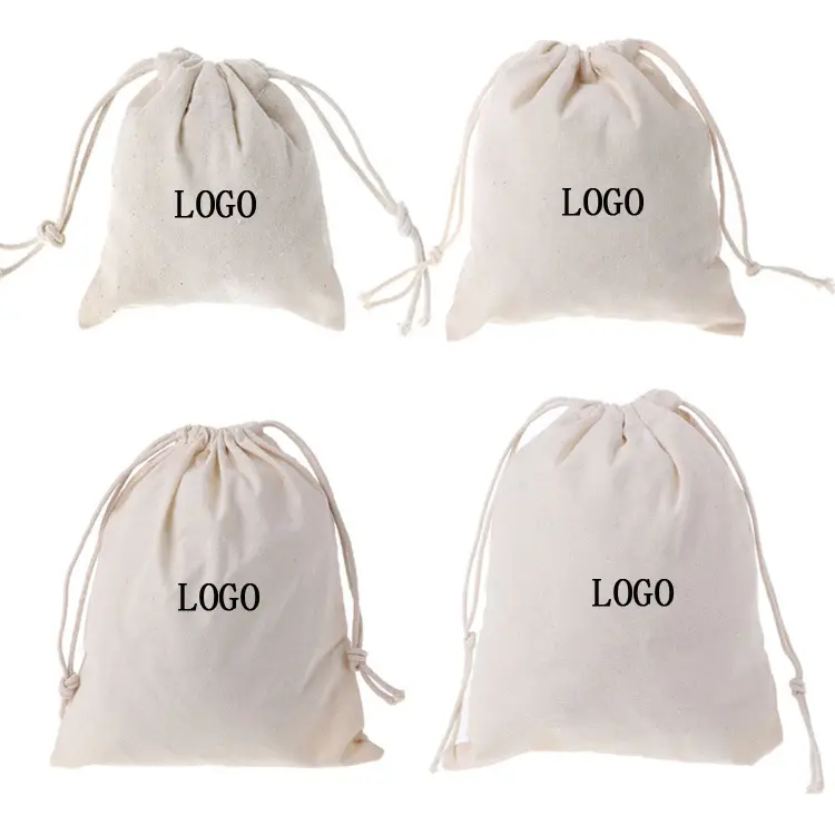 Natural color cotton drawstring bags with custom logo size printing  beige color material pouch