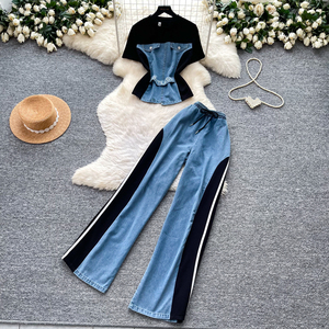 Conjunto de 2 piezas vintage de verano para mujer, top y pantalón vaquero ajustado con patchwork, trajes deportivos al por mayor - Product Image 3