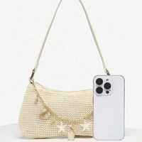 Sac à bandoulière vintage tendance en cuir et paille avec fermeture éclair, orné de perles de coquillage, petit format, haut de gamme, décontracté et polyvalent